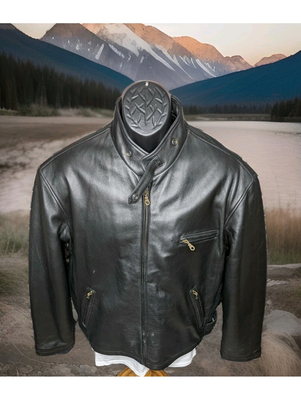ST. JOHNS BAY LEATHER JACKET MOTO CAFE RACER BIKER RIDING MENS LARGE 44-46 BLACK